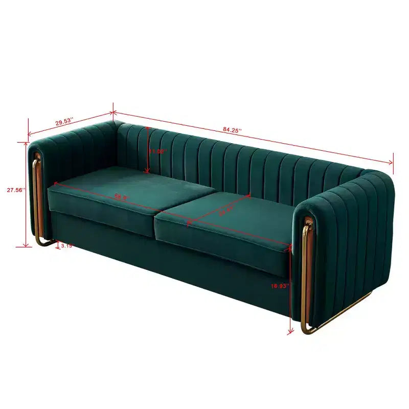 84" Modern Velvet Upholstered 3-Seater Sofa with Gold Metal Legs and Rolled Arms for Living Room