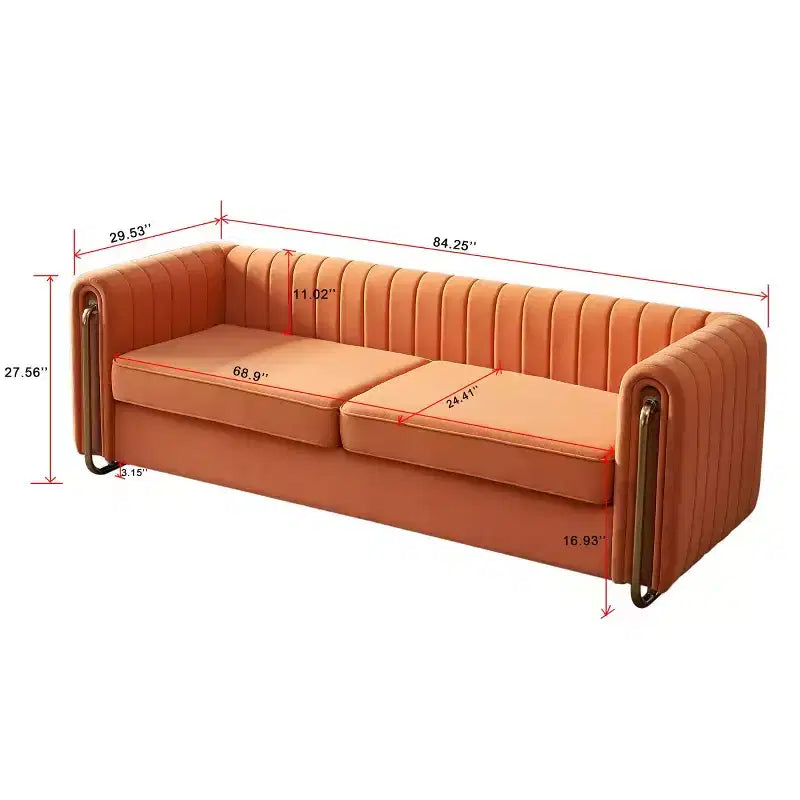 84" Modern Velvet Upholstered 3-Seater Sofa with Gold Metal Legs and Rolled Arms for Living Room