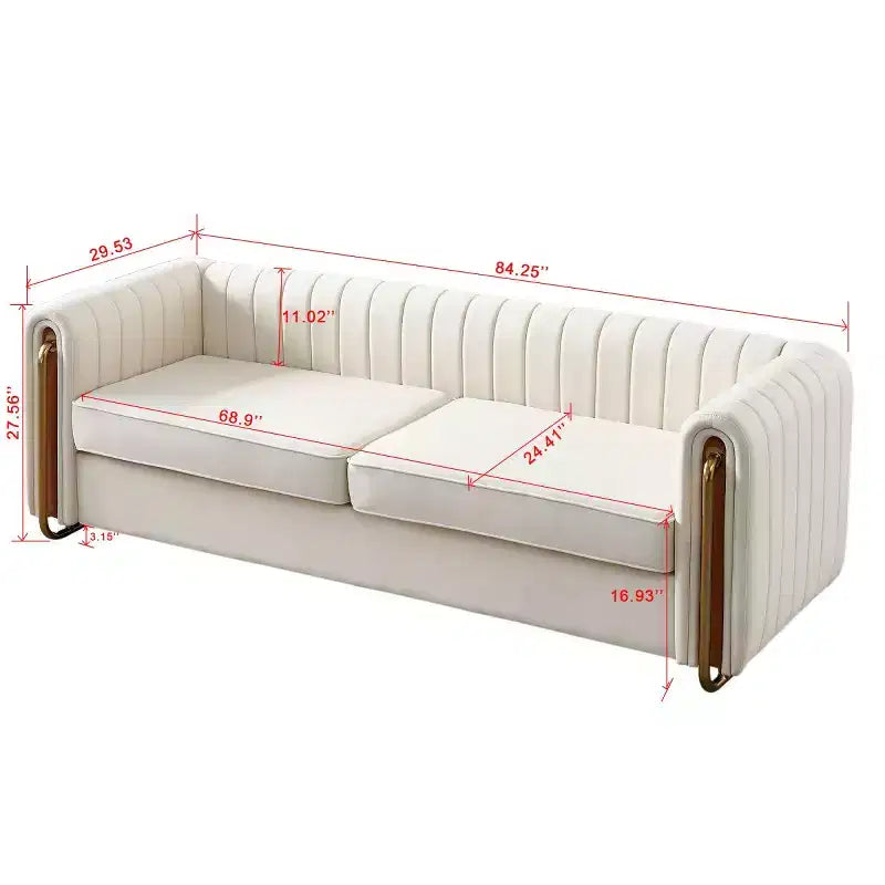 84" Modern Velvet Upholstered 3-Seater Sofa with Gold Metal Legs and Rolled Arms for Living Room