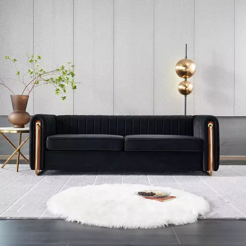 84" Modern Velvet Upholstered 3-Seater Sofa with Gold Metal Legs and Rolled Arms for Living Room