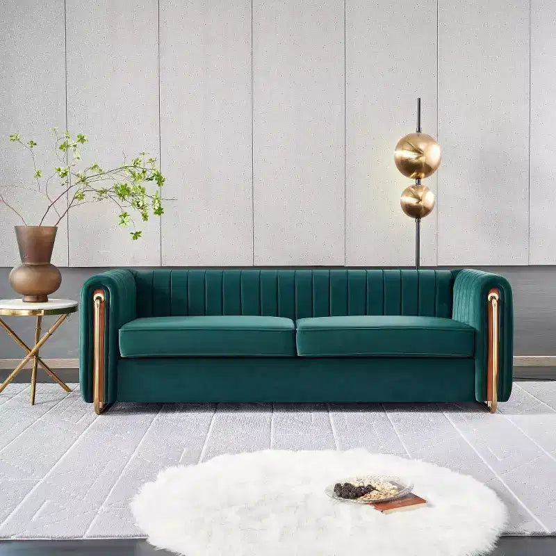 84" Modern Velvet Upholstered 3-Seater Sofa with Gold Metal Legs and Rolled Arms for Living Room