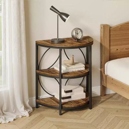 MAYEERTY 3-Tier Half-Round Side Table, Rustic Brown & Black Metal End Table