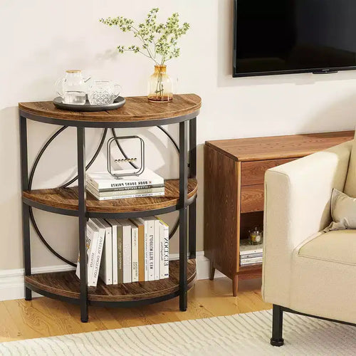 Table d'appoint demi-ronde à 3 niveaux, bois composite marron rustique avec cadre en métal noir