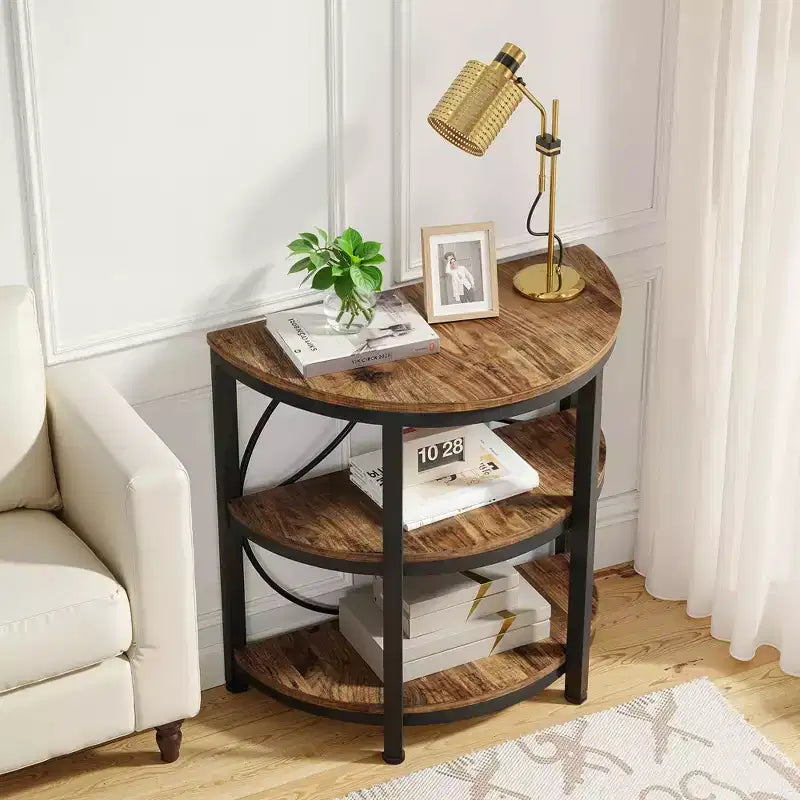 3-Tier Half-Round Side Table, Rustic Brown Engineered Wood with Black Metal Frame
