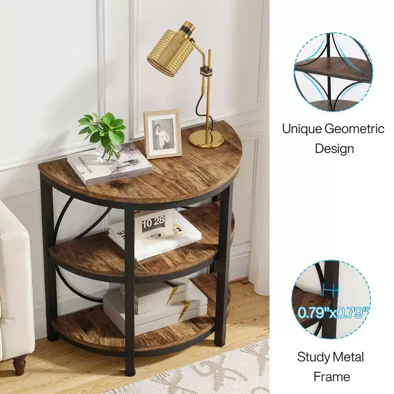 3-Tier Half-Round Side Table, Rustic Brown Engineered Wood with Black Metal Frame