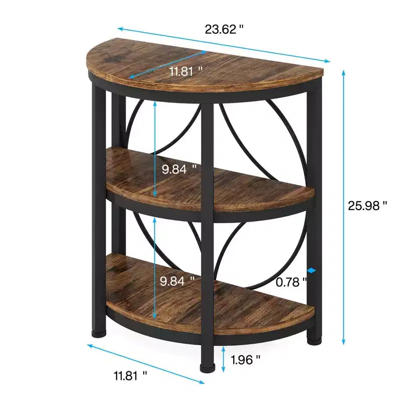 3-Tier Half-Round Side Table, Rustic Brown Engineered Wood with Black Metal Frame