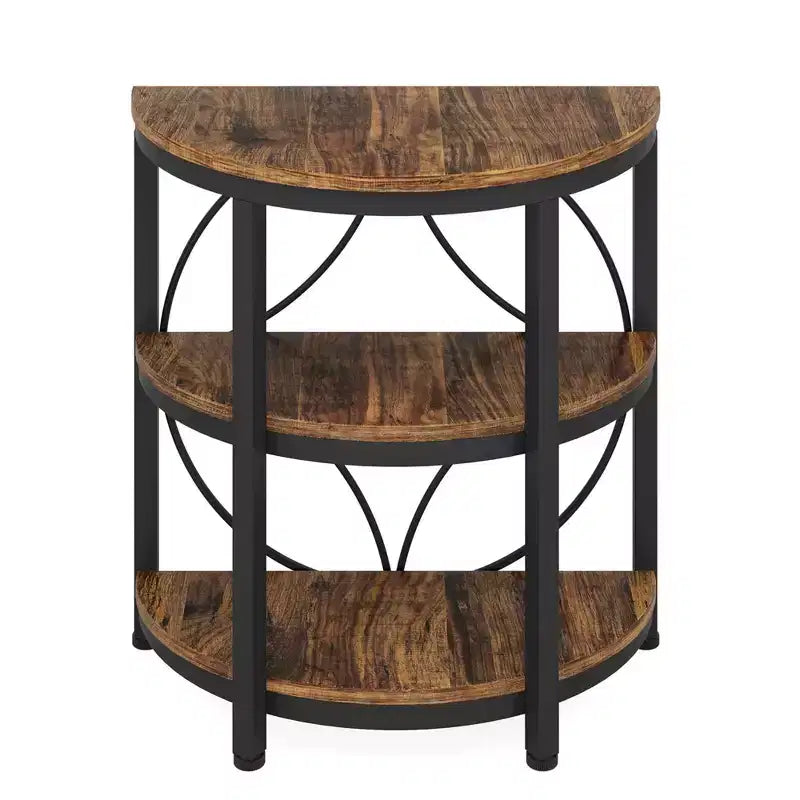 3-Tier Half-Round Side Table, Rustic Brown Engineered Wood with Black Metal Frame