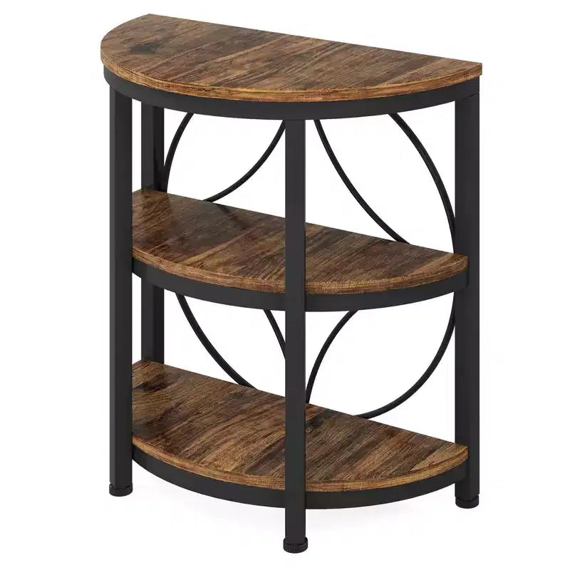 3-Tier Half-Round Side Table, Rustic Brown Engineered Wood with Black Metal Frame