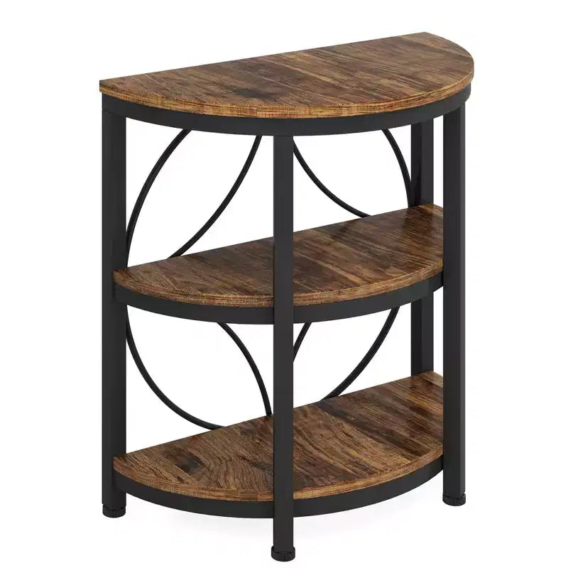 3-Tier Half-Round Side Table, Rustic Brown Engineered Wood with Black Metal Frame