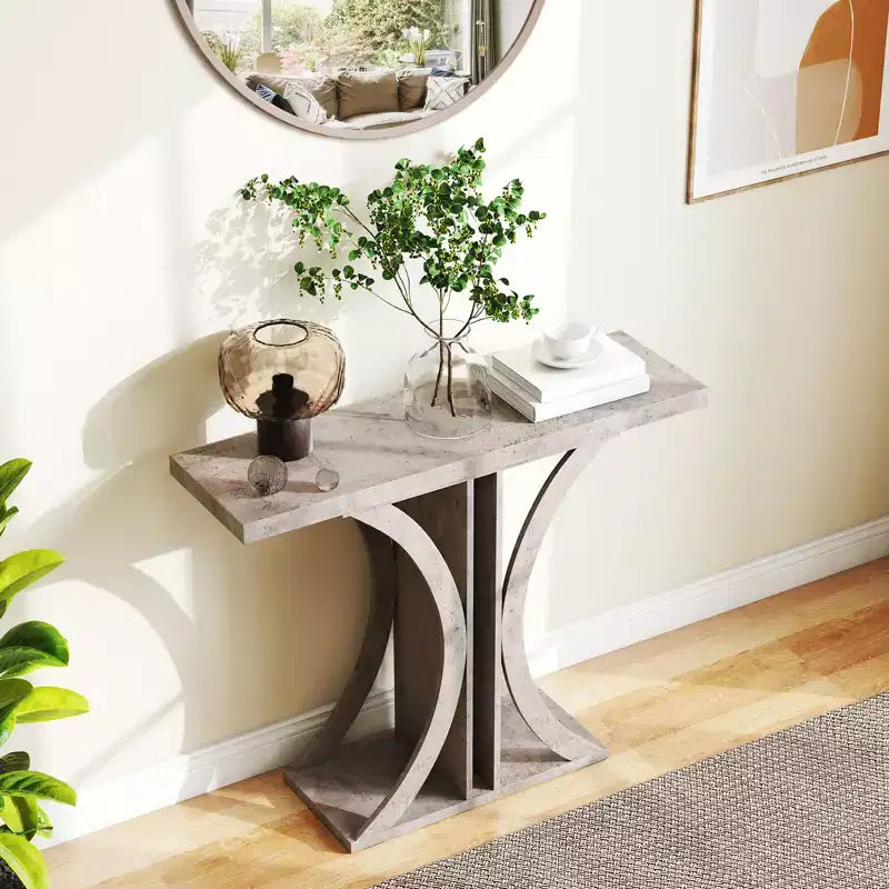 40" Rectangular Entryway Console Table with Geometric Metal Frame for Living Room, Gray
