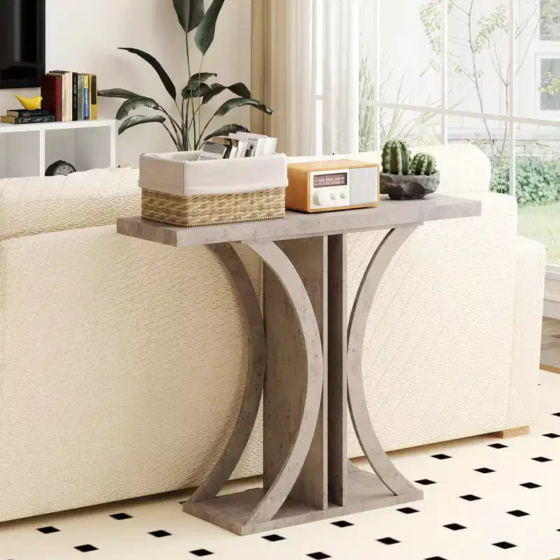 40" Rectangular Entryway Console Table with Geometric Metal Frame for Living Room, Gray