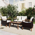 GDFStudio Amelia Patio Modern Farmhouse 4-Piece PE Rattan Modular Seating Set with Acacia Wood Coffee Table and Cushions
