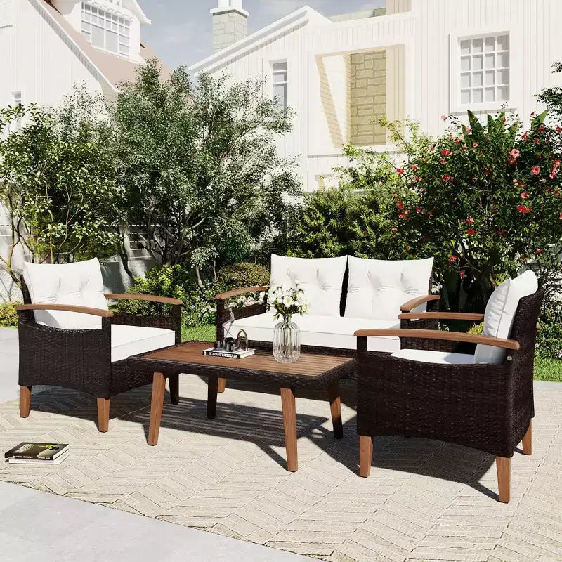 GDFStudio Amelia Patio Modern Farmhouse 4-Piece PE Rattan Modular Seating Set with Acacia Wood Coffee Table and Cushions