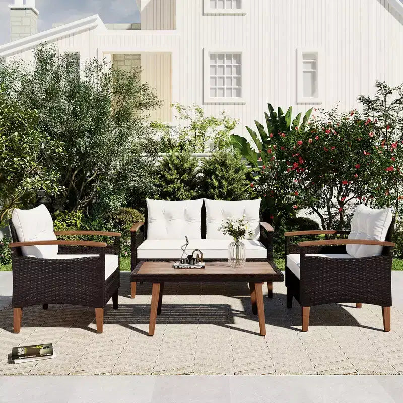 GDFStudio Amelia Salon de jardin modulaire 4 pièces moderne type ferme en rotin PE avec table basse en bois d'acacia et coussins