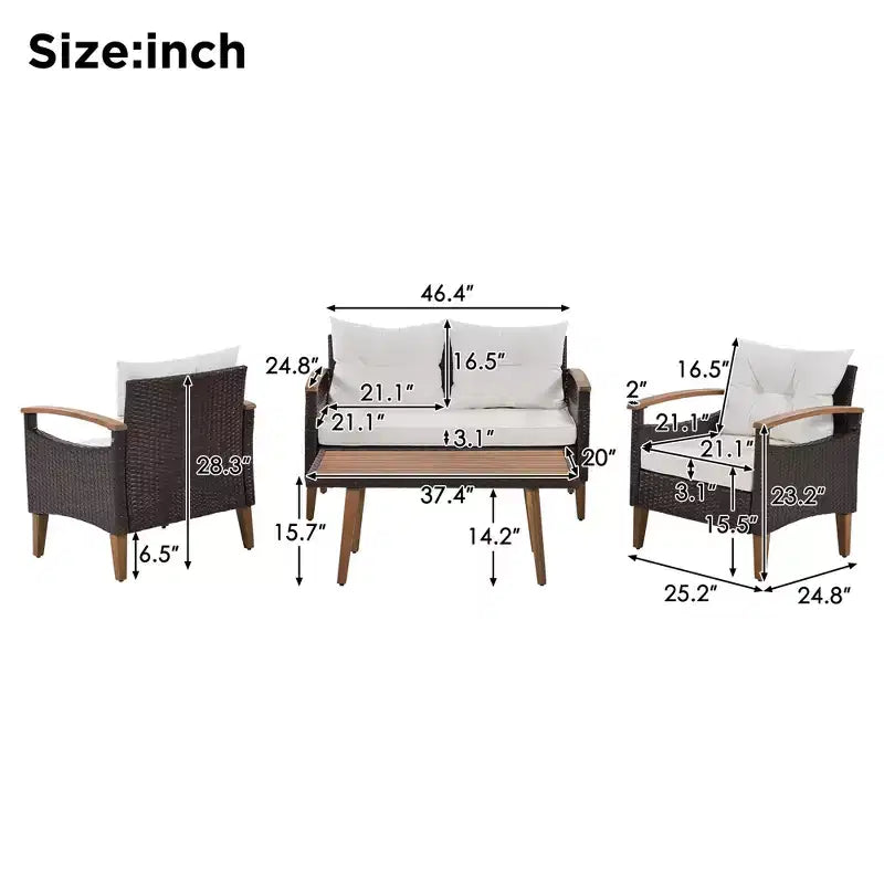 GDFStudio Amelia Salon de jardin modulaire 4 pièces moderne type ferme en rotin PE avec table basse en bois d'acacia et coussins