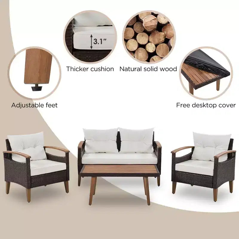 GDFStudio Amelia Salon de jardin modulaire 4 pièces moderne type ferme en rotin PE avec table basse en bois d'acacia et coussins