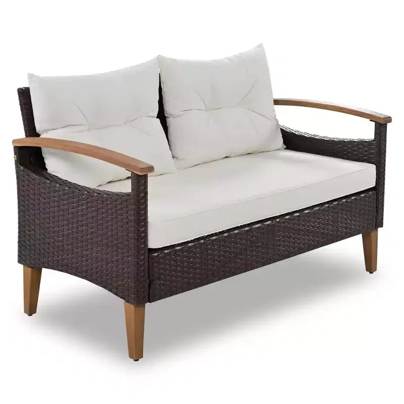 GDFStudio Amelia Salon de jardin modulaire 4 pièces moderne type ferme en rotin PE avec table basse en bois d'acacia et coussins