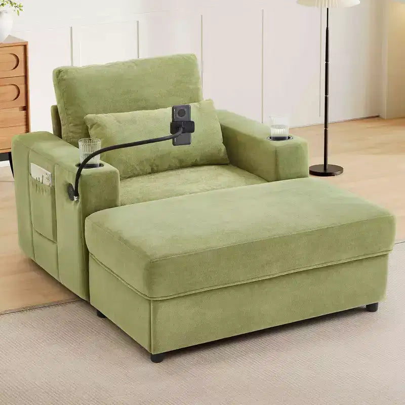 42.5" Chaise Lounge Sofa with Movable Storage Ottoman, 2 Cup Holders & Side Pockets, Green