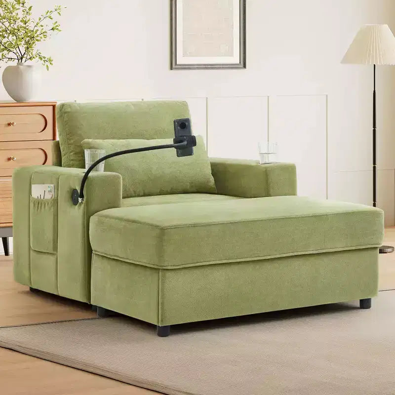 42.5" Chaise Lounge Sofa with Movable Storage Ottoman, 2 Cup Holders & Side Pockets, Green
