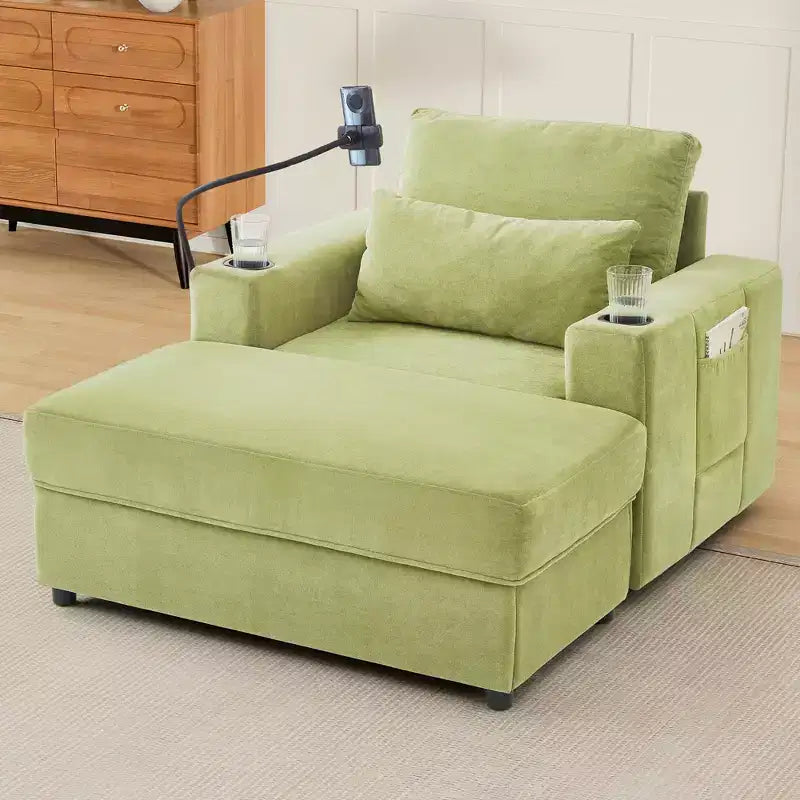 42.5" Chaise Lounge Sofa with Movable Storage Ottoman, 2 Cup Holders & Side Pockets, Green