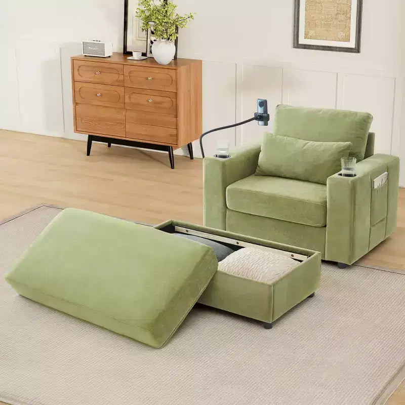42.5" Chaise Lounge Sofa with Movable Storage Ottoman, 2 Cup Holders & Side Pockets, Green