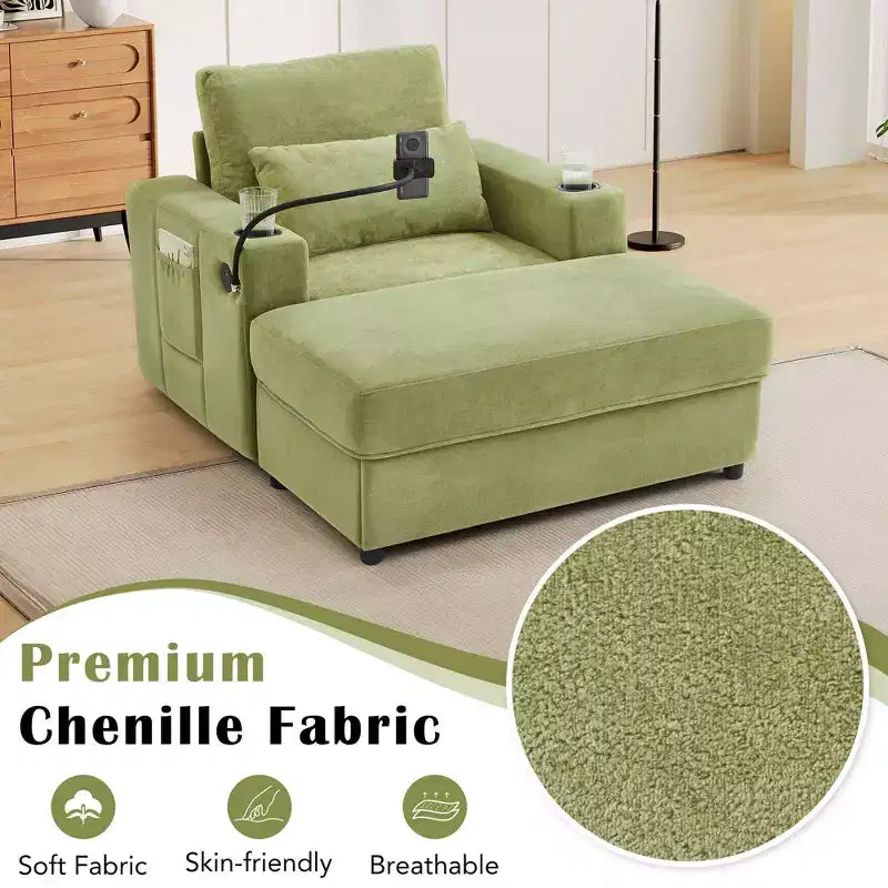 42.5" Chaise Lounge Sofa with Movable Storage Ottoman, 2 Cup Holders & Side Pockets, Green