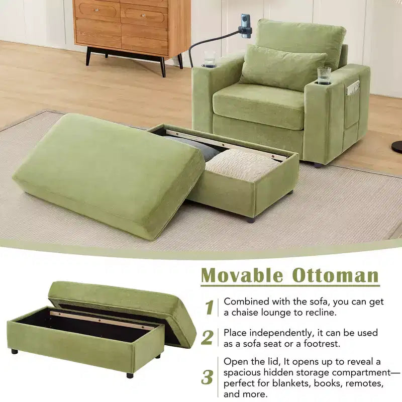 42.5" Chaise Lounge Sofa with Movable Storage Ottoman, 2 Cup Holders & Side Pockets, Green