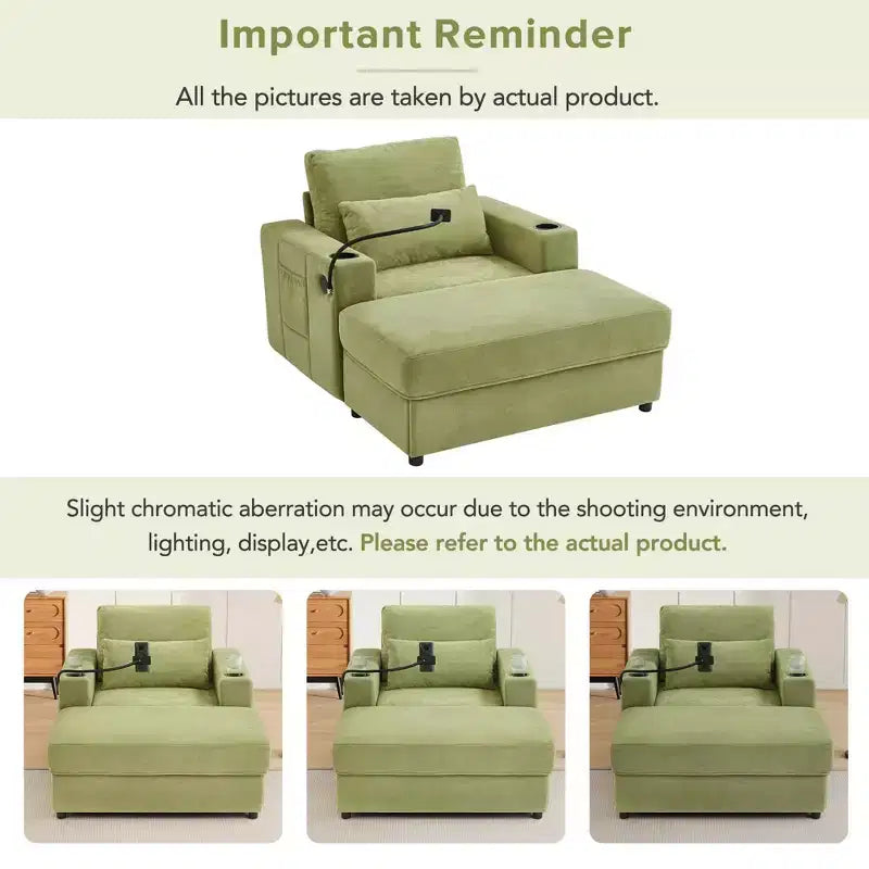 42.5" Chaise Lounge Sofa with Movable Storage Ottoman, 2 Cup Holders & Side Pockets, Green