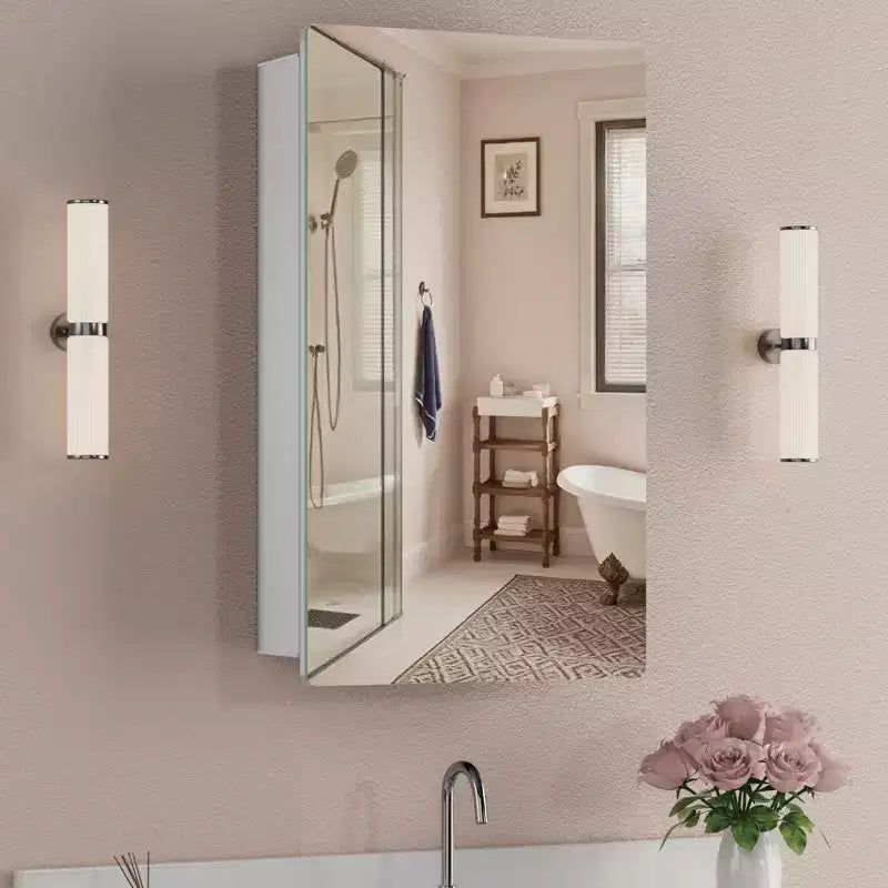 Armoire à pharmacie murale avec miroir, cadre en métal à coins arrondis, style moderne, pour salle de bain