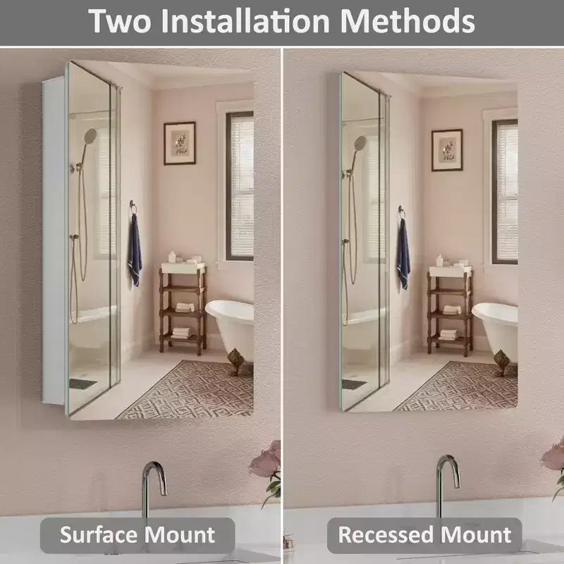 Modern Rounded Corner Metal Frame Medicine Cabinet with Mirror Door,Wall Mounted Bathroom Cabinet