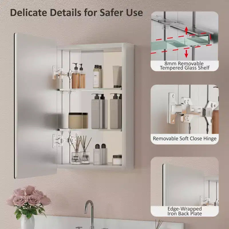 Modern Rounded Corner Metal Frame Medicine Cabinet with Mirror Door,Wall Mounted Bathroom Cabinet