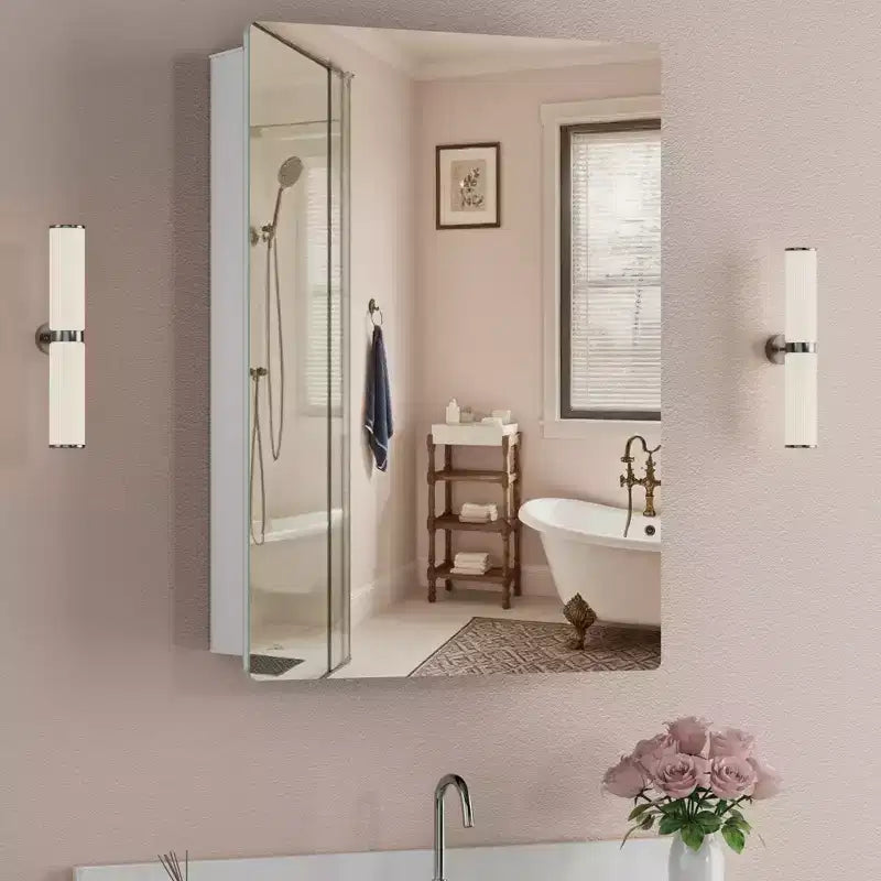 Armoire à pharmacie murale avec miroir, cadre en métal à coins arrondis, style moderne, pour salle de bain