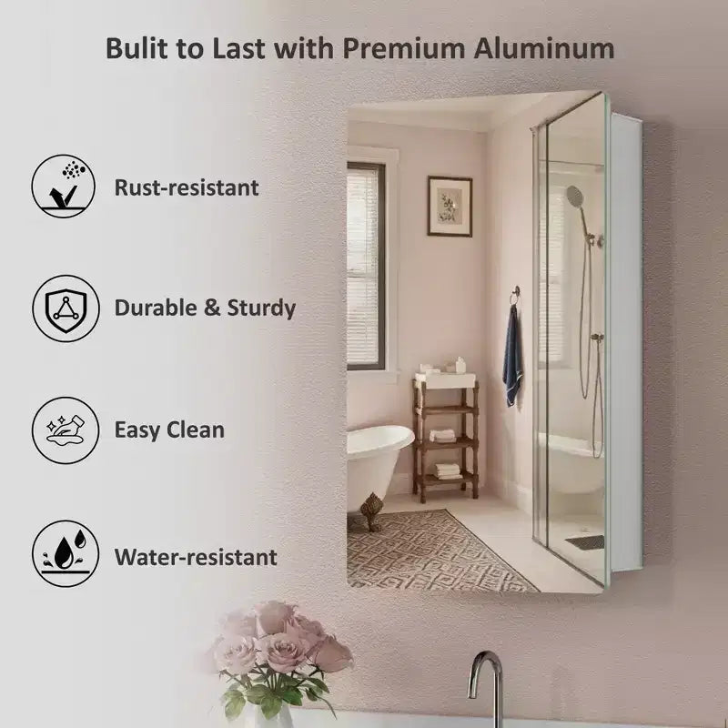 Modern Rounded Corner Metal Frame Medicine Cabinet with Mirror Door,Wall Mounted Bathroom Cabinet