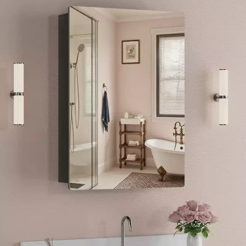 Armoire à pharmacie murale avec miroir, cadre en métal à coins arrondis, style moderne, pour salle de bain