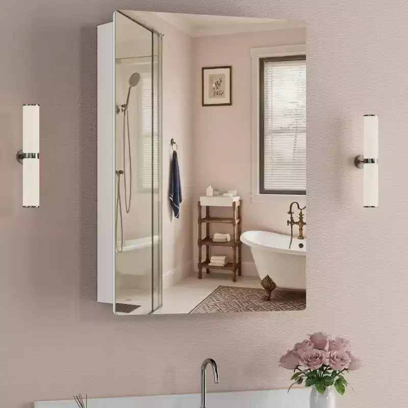 Armoire à pharmacie murale avec miroir, cadre en métal à coins arrondis, style moderne, pour salle de bain