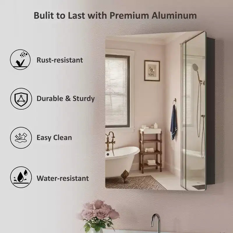 Modern Rounded Corner Metal Frame Medicine Cabinet with Mirror Door,Wall Mounted Bathroom Cabinet