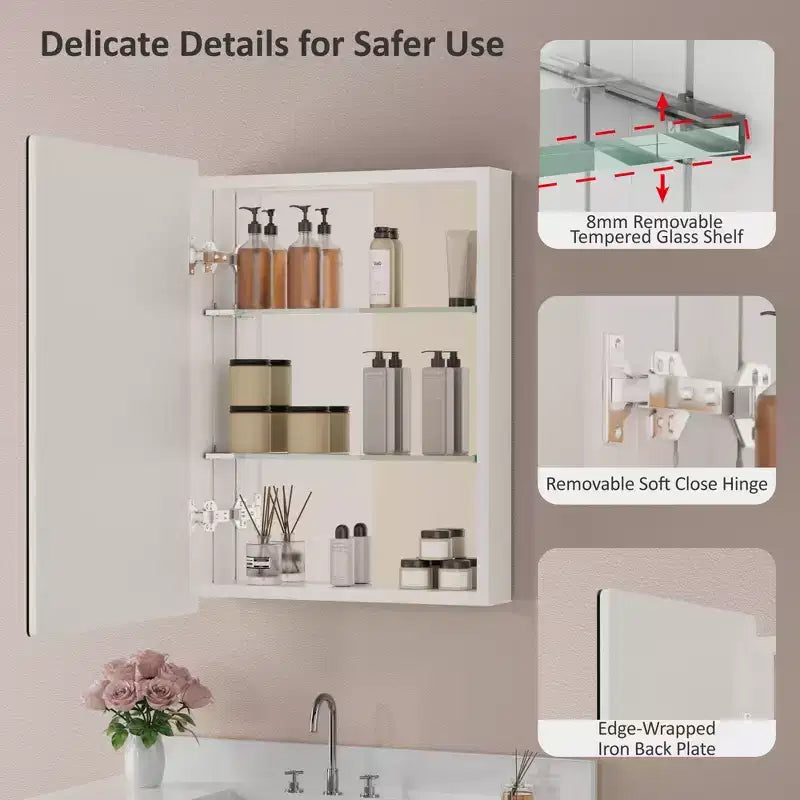 Modern Rounded Corner Metal Frame Medicine Cabinet with Mirror Door,Wall Mounted Bathroom Cabinet