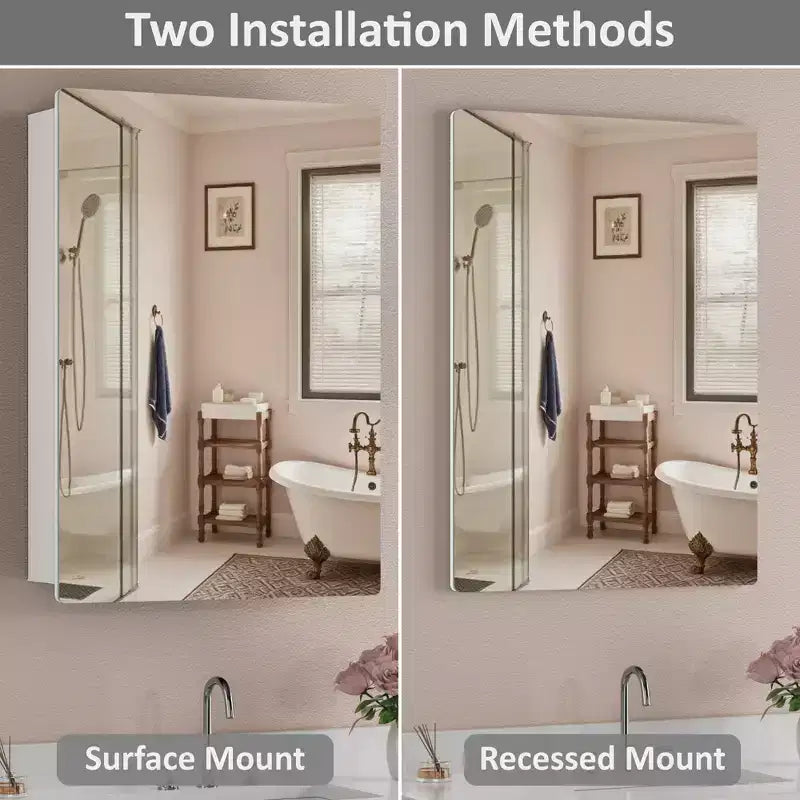 Modern Rounded Corner Metal Frame Medicine Cabinet with Mirror Door,Wall Mounted Bathroom Cabinet