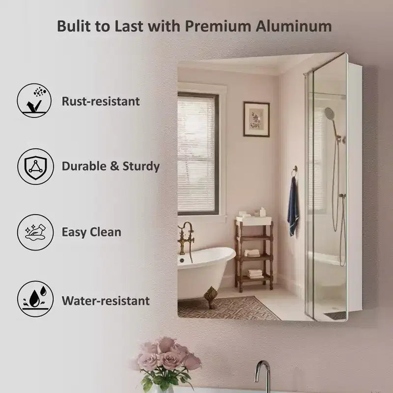 Modern Rounded Corner Metal Frame Medicine Cabinet with Mirror Door,Wall Mounted Bathroom Cabinet