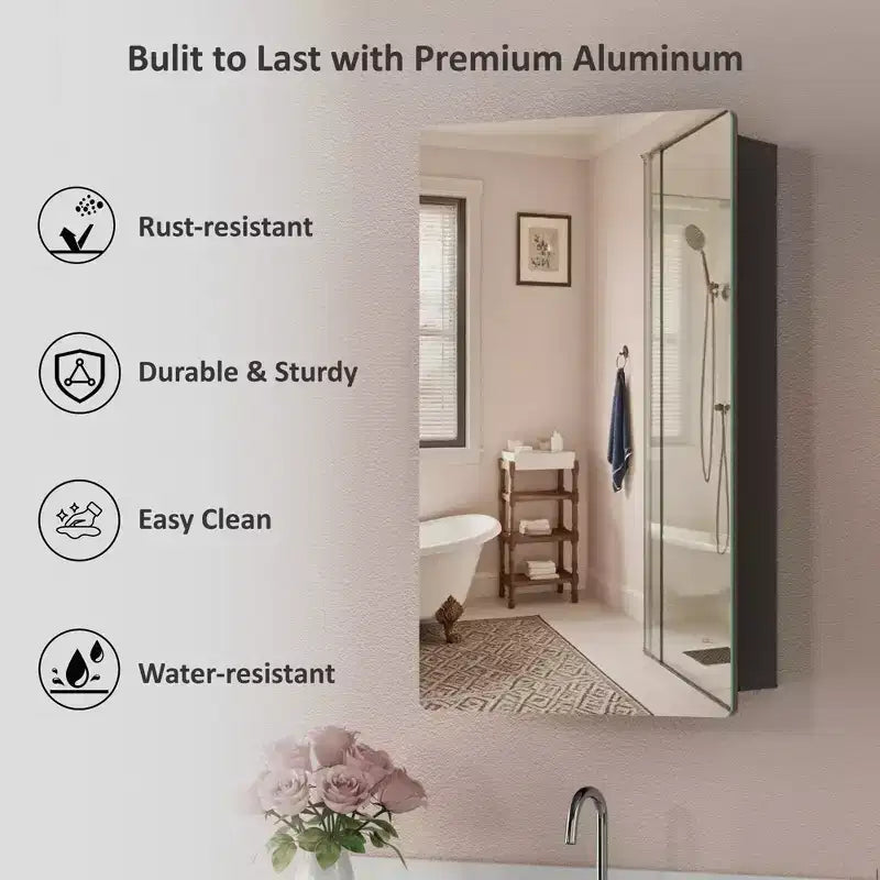 Modern Rounded Corner Metal Frame Medicine Cabinet with Mirror Door,Wall Mounted Bathroom Cabinet