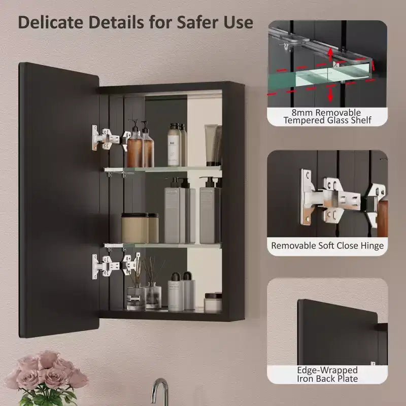 Modern Rounded Corner Metal Frame Medicine Cabinet with Mirror Door,Wall Mounted Bathroom Cabinet