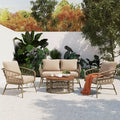 GDFStudio Isla Patio Bohemian Coastal 4-Piece Wicker Seating Set with Wood Oval Coffee Table and Removable Cushions