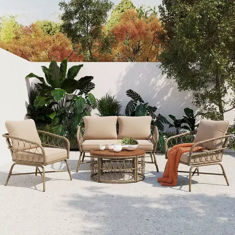 GDFStudio Isla Patio Bohemian Coastal 4-Piece Wicker Seating Set with Wood Oval Coffee Table and Removable Cushions