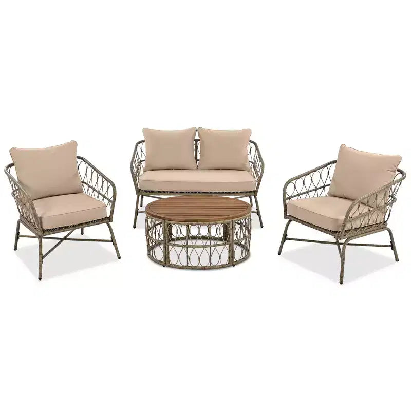 GDFStudio Isla, ensemble de 4 sièges en osier de style bohème côtier pour terrasse, avec table basse ovale en bois et coussins amovibles