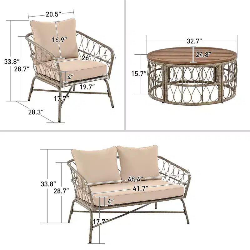 GDFStudio Isla, ensemble de 4 sièges en osier de style bohème côtier pour terrasse, avec table basse ovale en bois et coussins amovibles