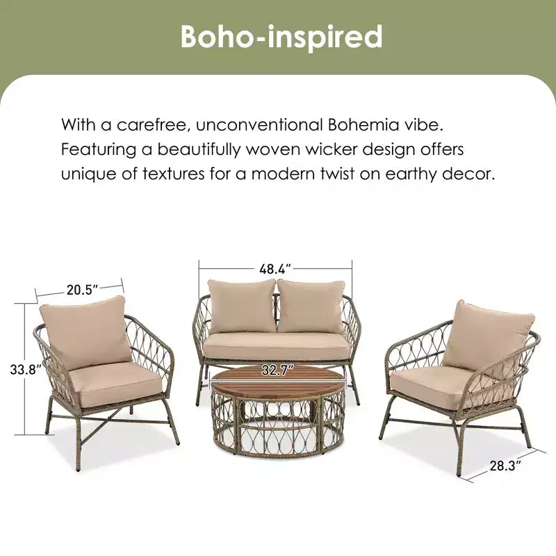 GDFStudio Isla, ensemble de 4 sièges en osier de style bohème côtier pour terrasse, avec table basse ovale en bois et coussins amovibles