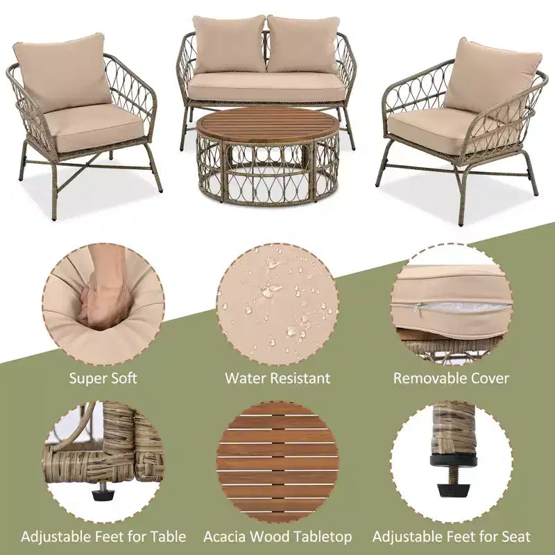 GDFStudio Isla, ensemble de 4 sièges en osier de style bohème côtier pour terrasse, avec table basse ovale en bois et coussins amovibles
