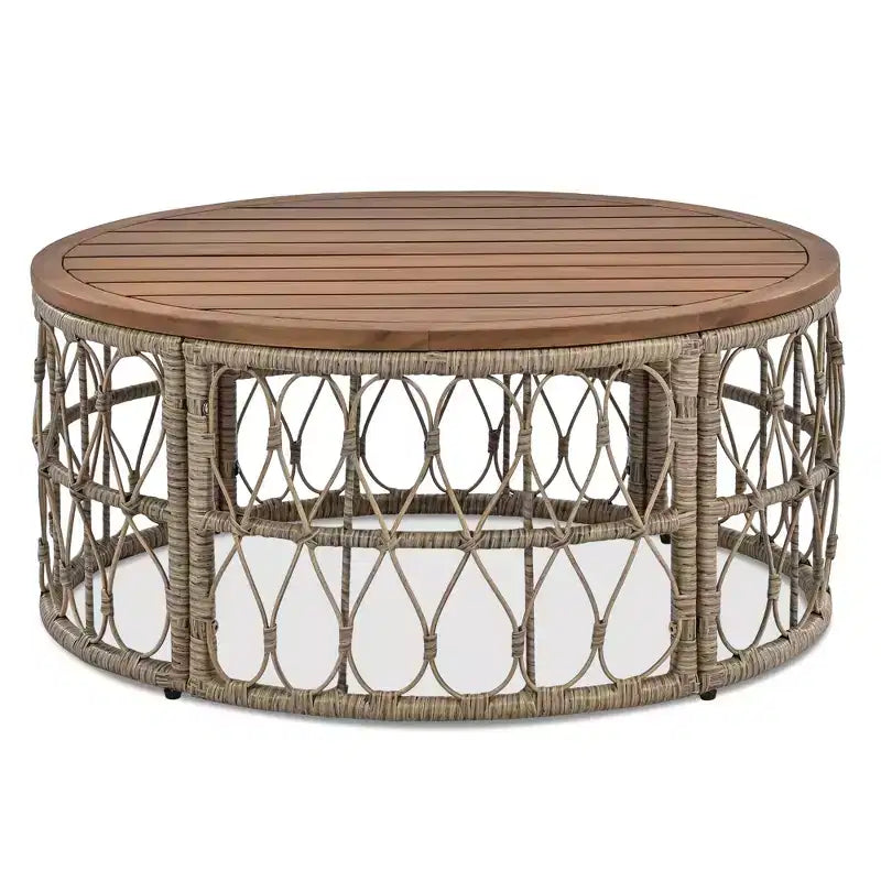 GDFStudio Isla, ensemble de 4 sièges en osier de style bohème côtier pour terrasse, avec table basse ovale en bois et coussins amovibles