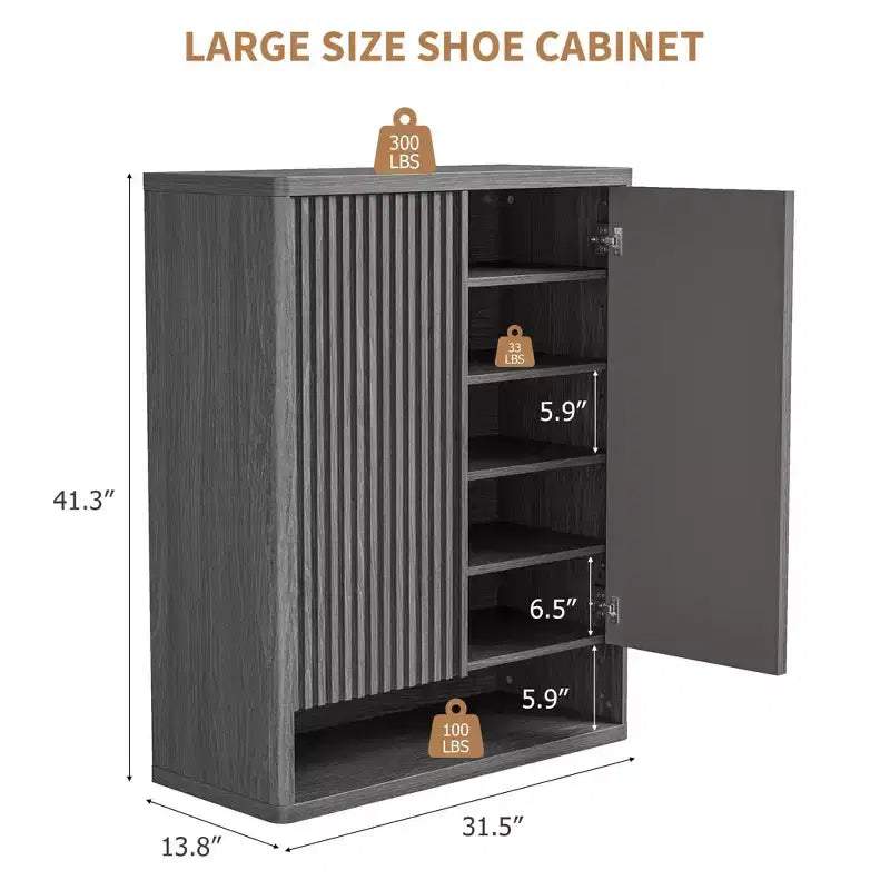 Shoe Cabinet  Modern Fluted Entryway Shoe Storage  31.5x13.8x41.3 Particleboard/MDF  Adjustable Shelves & Doors