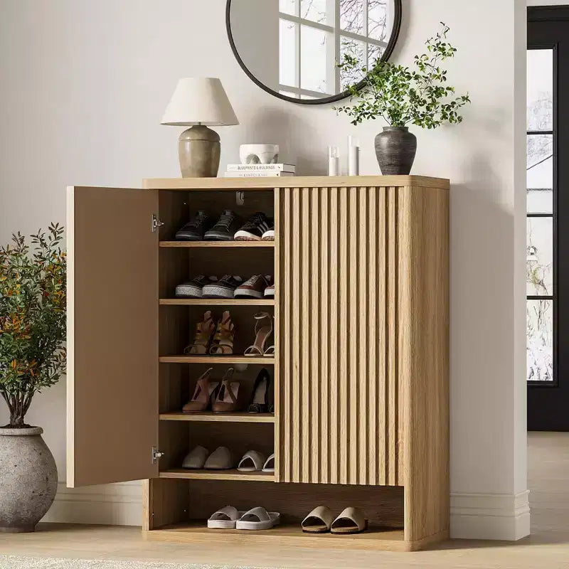 Shoe Cabinet  Modern Fluted Entryway Shoe Storage  31.5x13.8x41.3 Particleboard/MDF  Adjustable Shelves & Doors